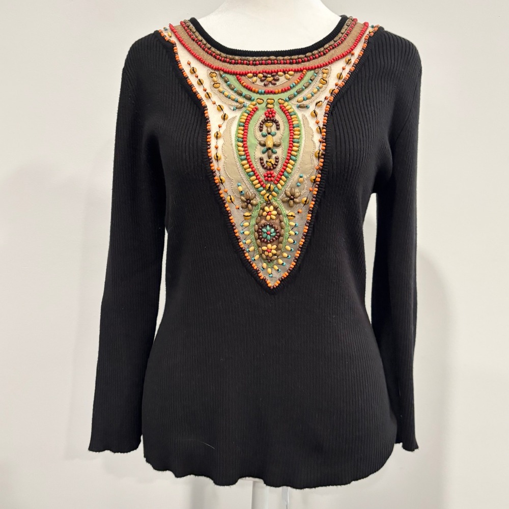 Vtg Berek Takako Sakon Sweater Large Beaded Ribbed Artisan Tribal Artsy 20486
